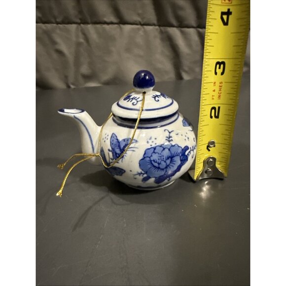 Vintage Miniature Mini Teapot Ornament Blue White Porcelain Floral Butterfly 3" - Picture 14 of 14